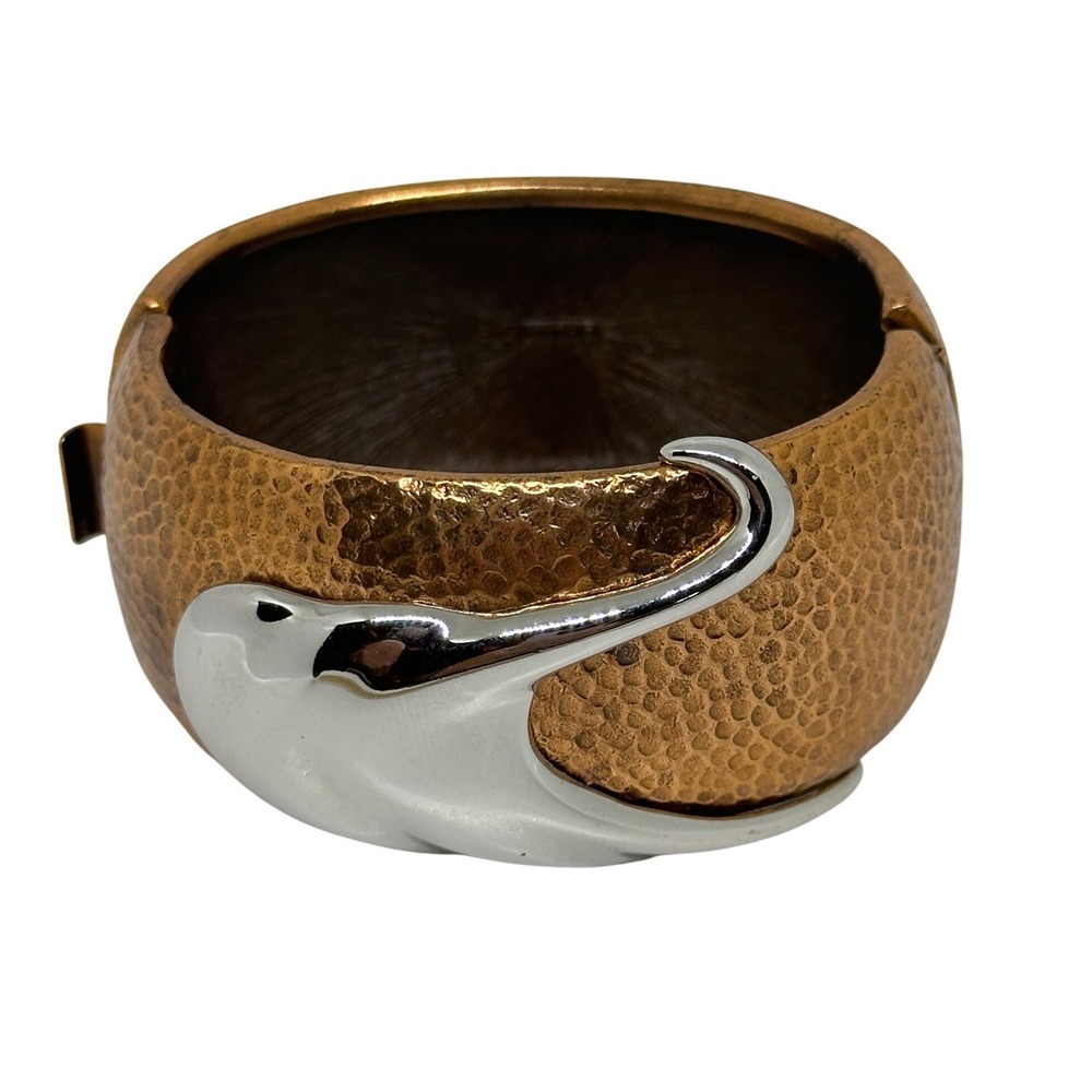 VTG MONET Runway‎ Hammered Coppertone Wide Modernist Bracelet Silver Wavy Accent